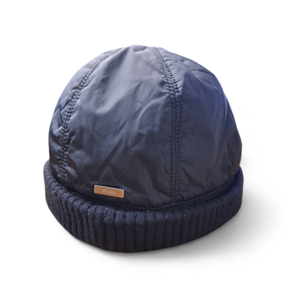 Prada Black Wool | Nylon Rib knit Detail Beanie Size Small